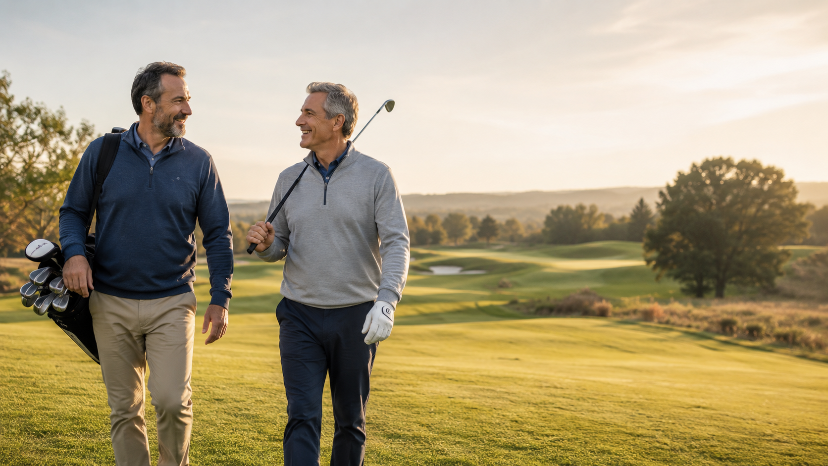 Two relaxed male friends in their mid-50s walking on a golf course with golf clubs, representing a comfortable long-term retirement lifestyle