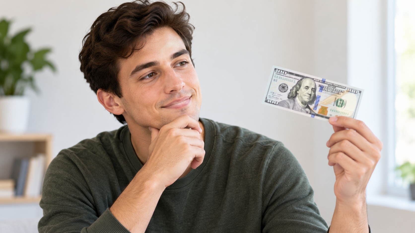 Young man thoughtfully holding one 100 dollar bill and thinking about how to start investing